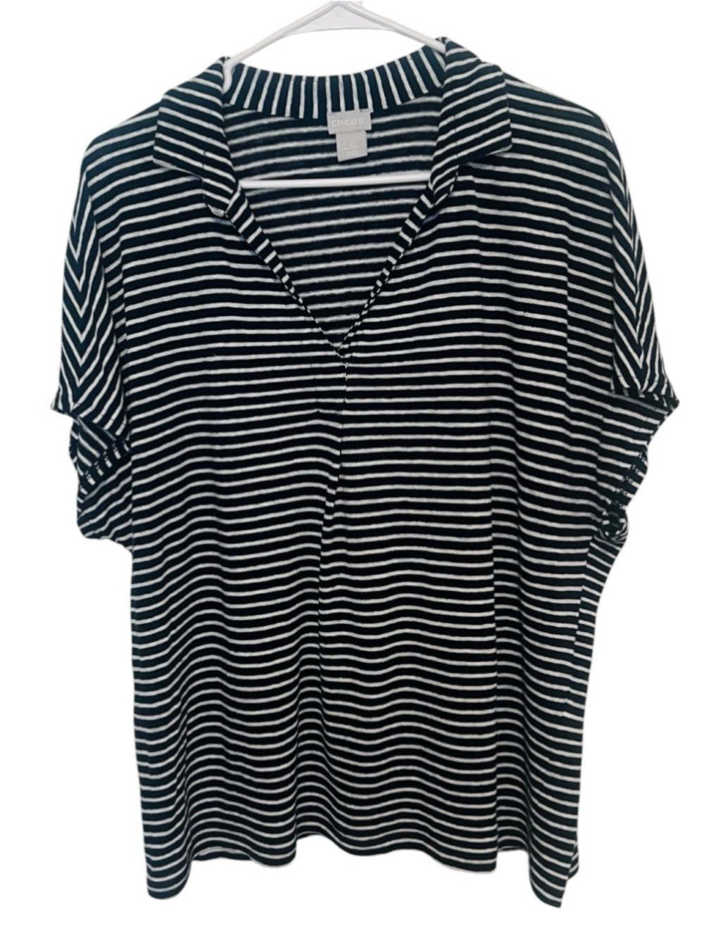 Chico’s 100% Linen Top Large 2 Navy White Striped Short Sleeve Nautical Shirt